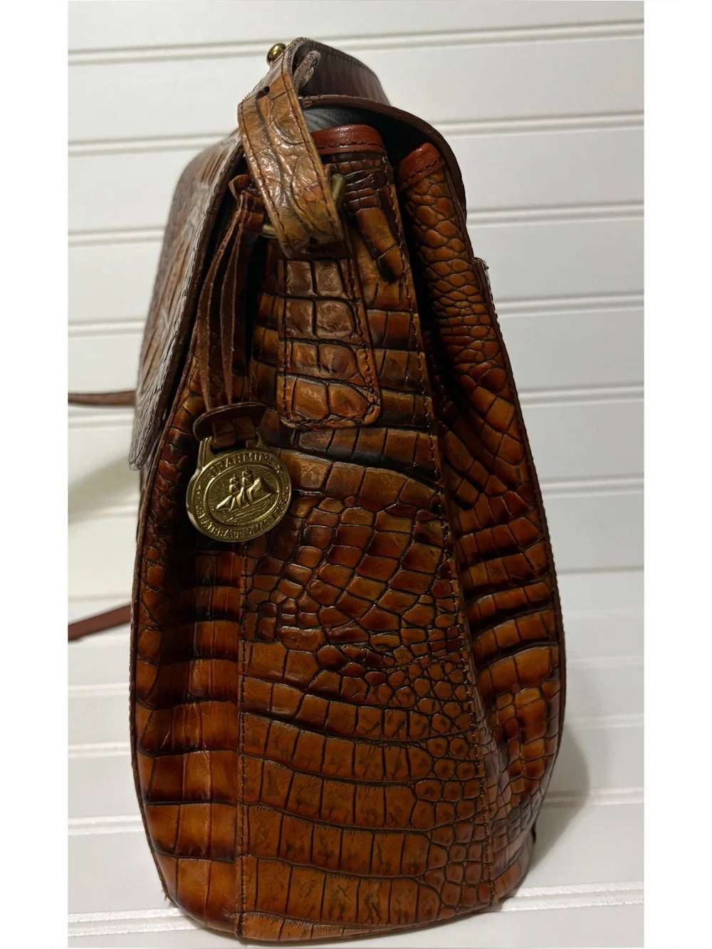 BRAHMIN Vintage Pecan Melbourne Croc Leather Satchel Shoulder Bag Tote Purse